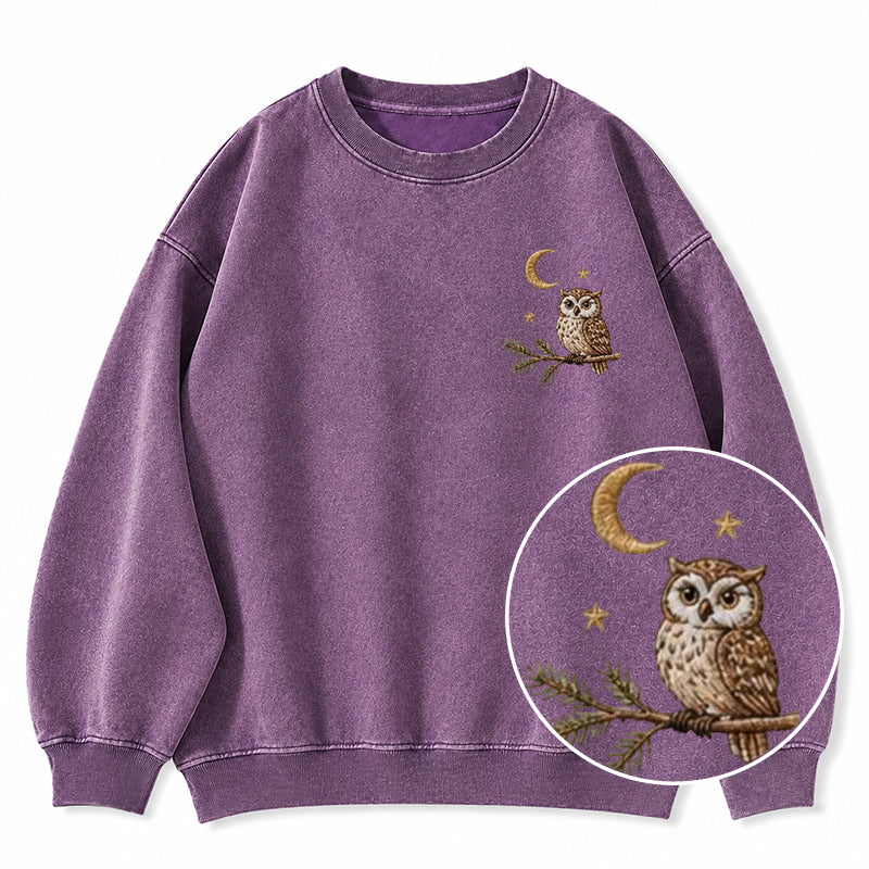 Embroidered Night Owl Washed Crewneck Sweatshirt