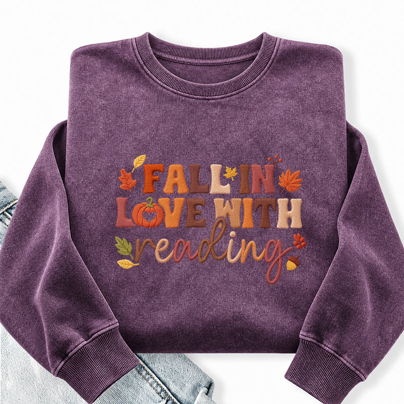 Embroidered Fall In Love With Reading Washed Crewneck Sweatshirt
