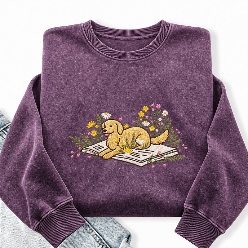 Embroidered Dog Lying On Book Washed Crewneck Sweatshirt
