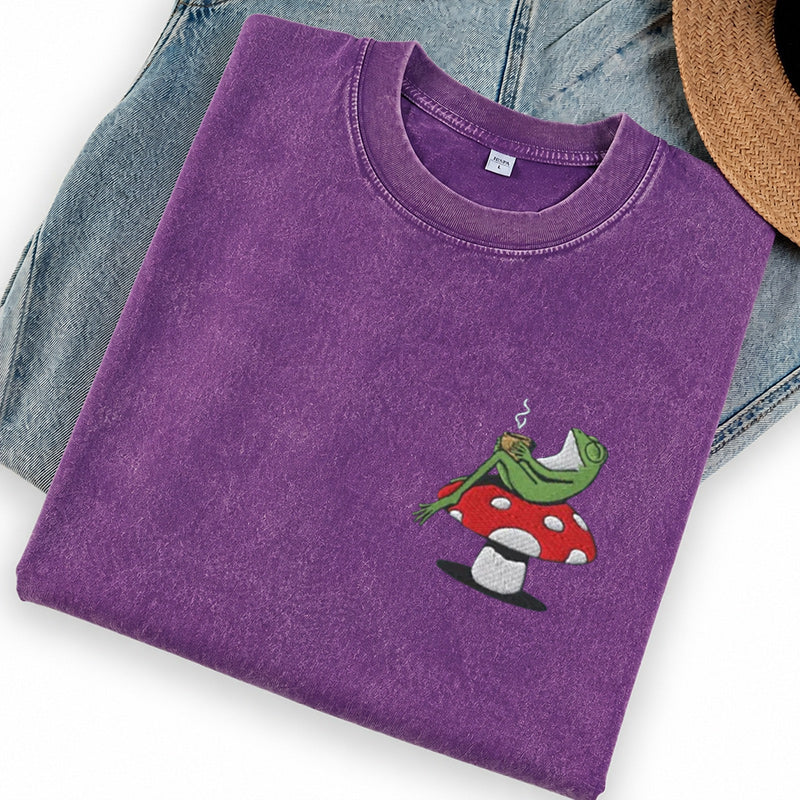 Embroidered Frog Coffee Time Washed Crew Neck T-Shirt