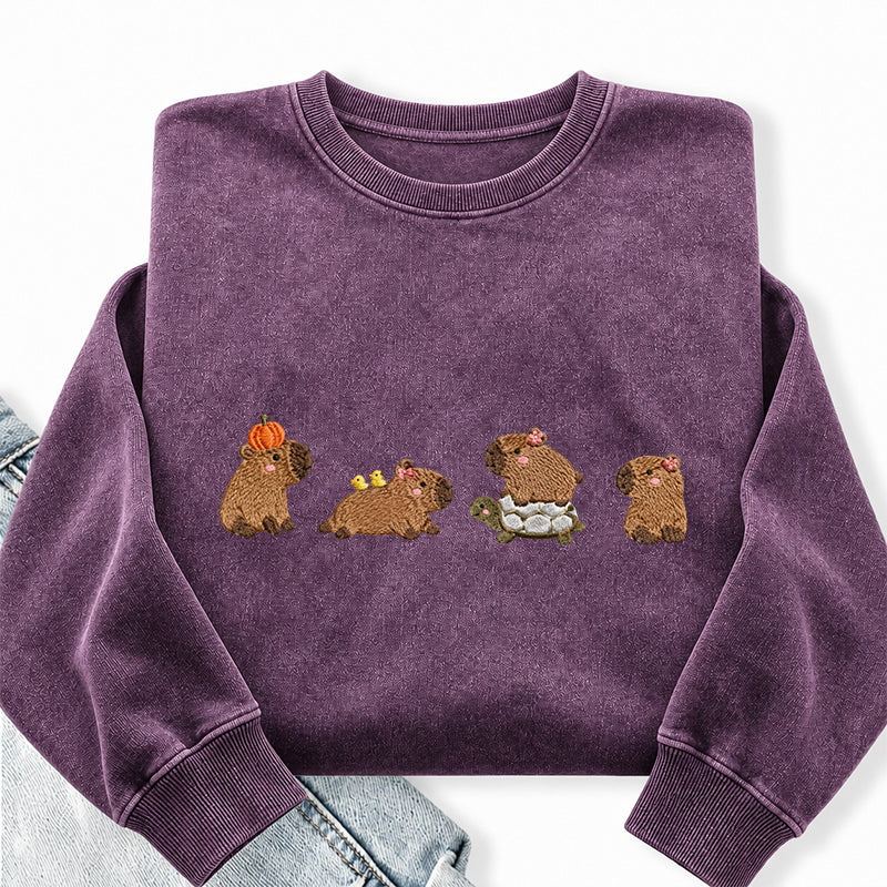 Embroidered Cute Capybara Washed Crewneck Sweatshirt