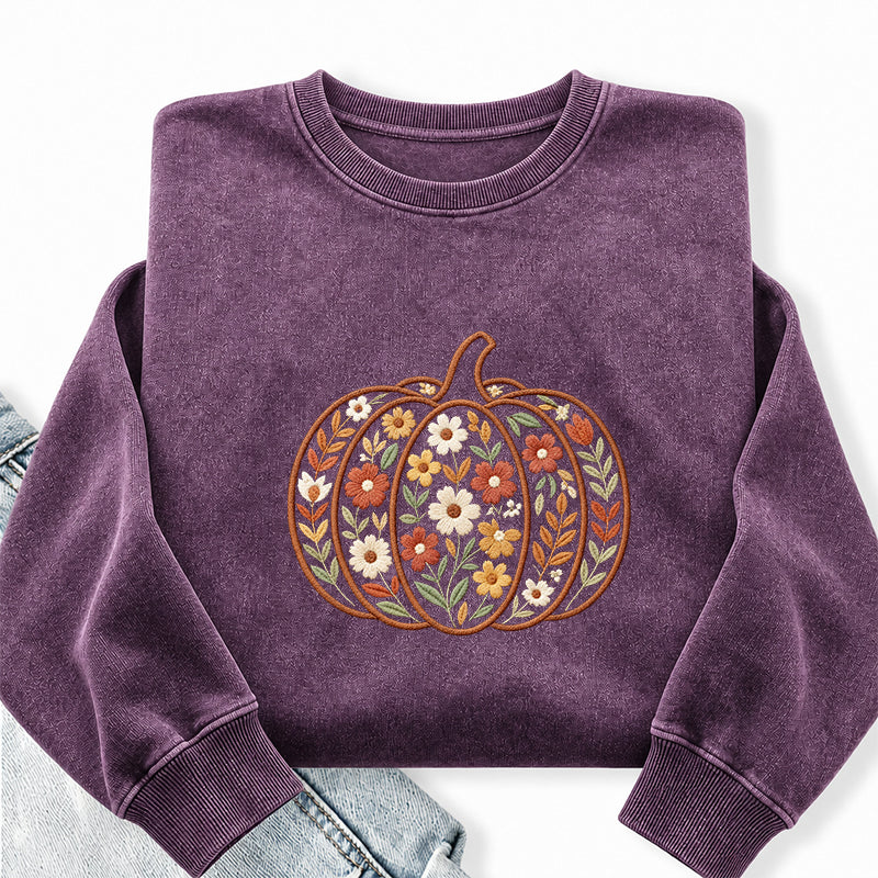Embroidered Floral Pumpkin Washed Crewneck Sweatshirt
