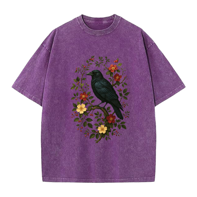 Gothic Cottagecore Raven Washed Crew Neck T-Shirt