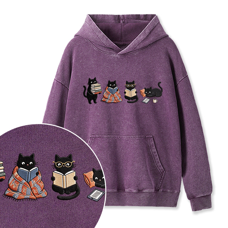 Embroidered Bookish Black Cats Washed Hoodie