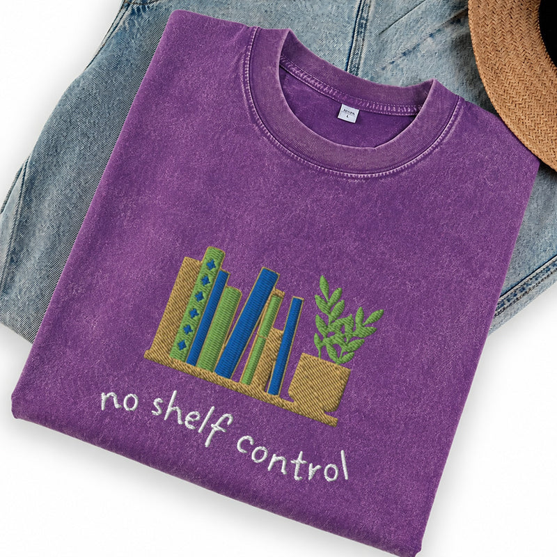 Embroidered No Shelf Control Book Washed Crew Neck T-Shirt