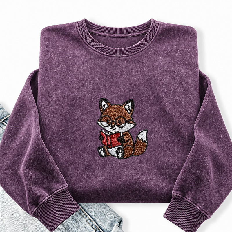 Embroidered Reading Fox Washed Crewneck Sweatshirt