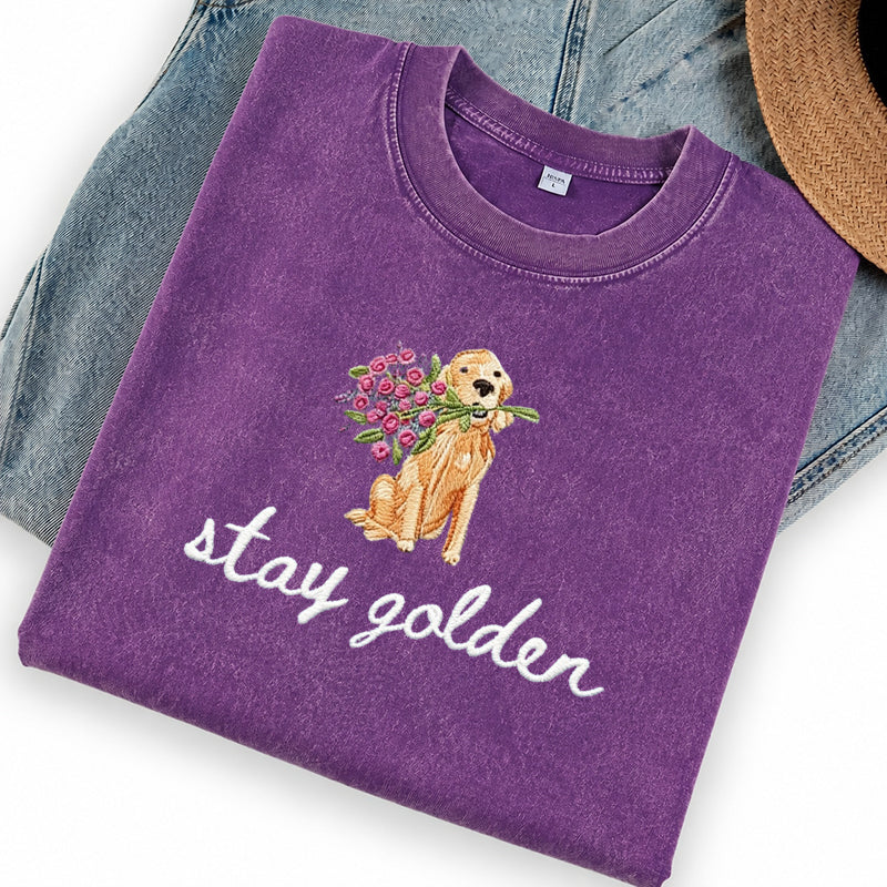 Embroidered Stay Golden Washed Crew Neck T-Shirt