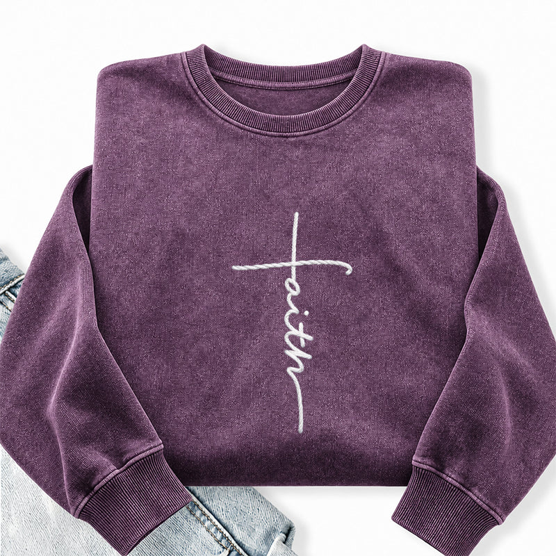 Embroidered Faith Christian Washed Crewneck Sweatshirt