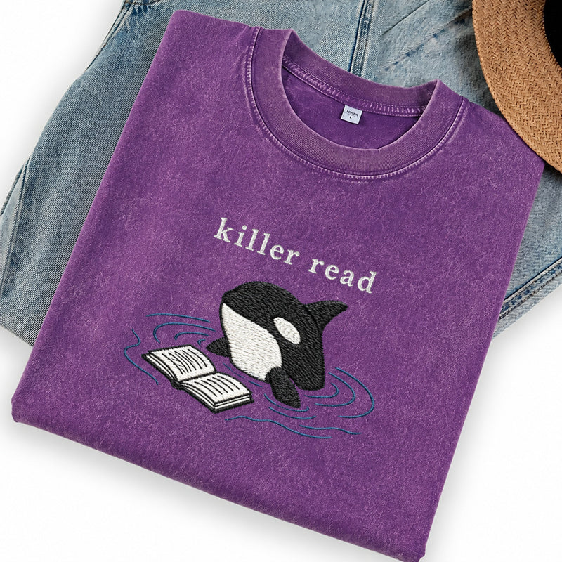 Embroidered Killer Read Orca Washed Crew Neck T-Shirt