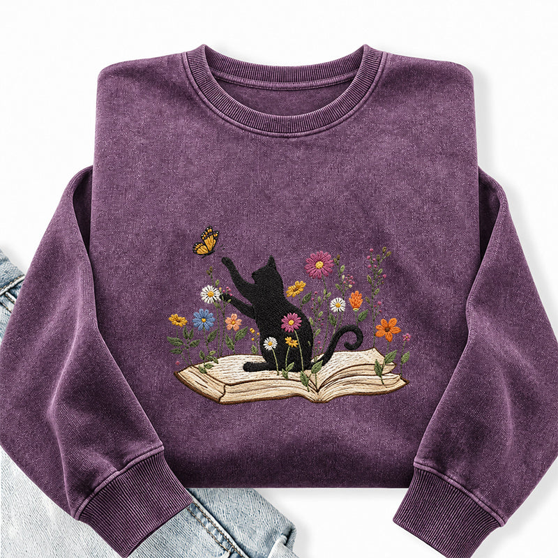 Embroidered Floral Book Cat Washed Crewneck Sweatshirt