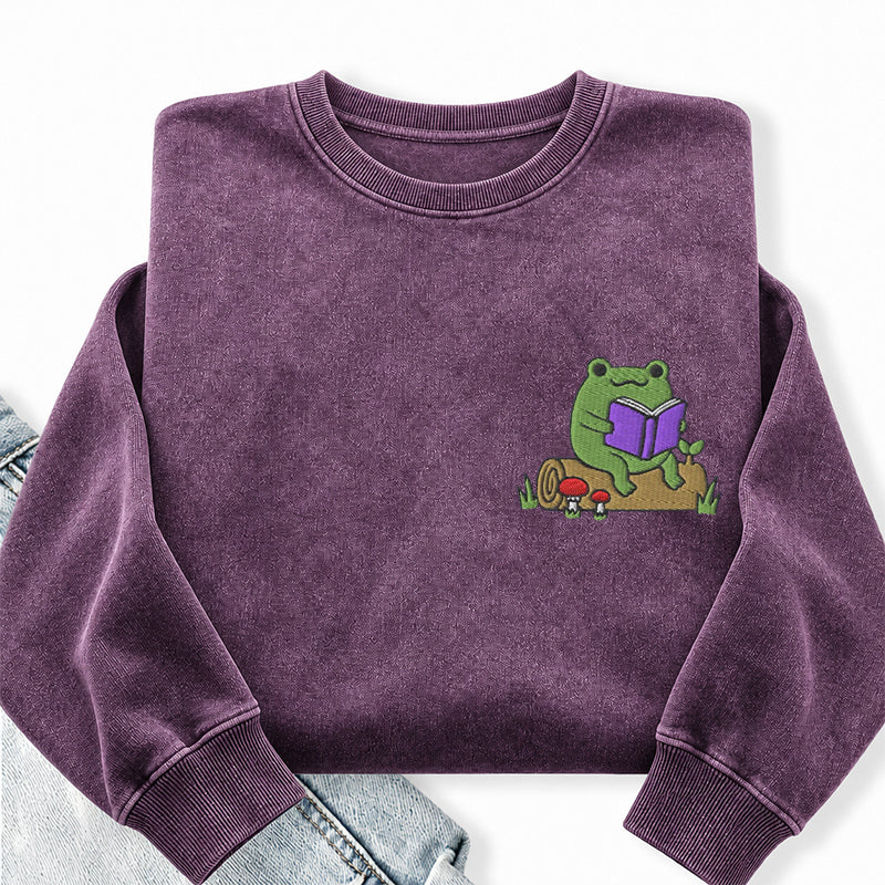 Embroidered Reading Frog Washed Crewneck Sweatshirt