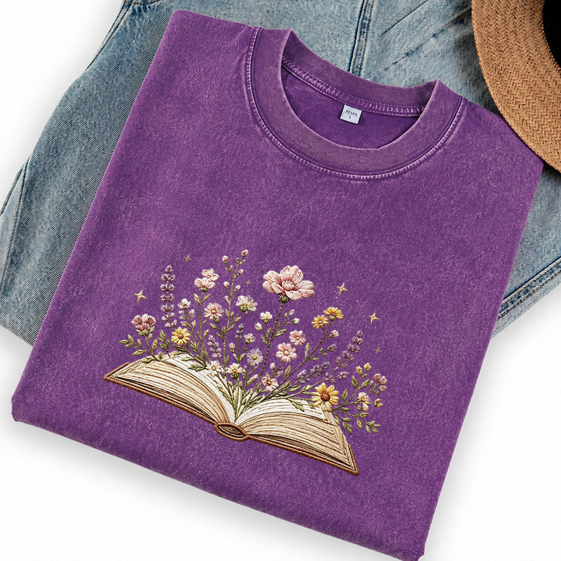 Embroidered Floral Book Washed Crew Neck T-Shirt