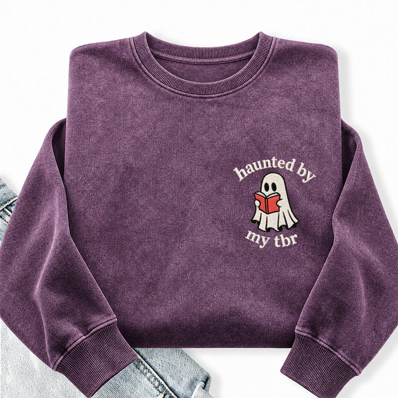 Embroidered Haunted By My TBR Washed Crewneck Sweatshirt