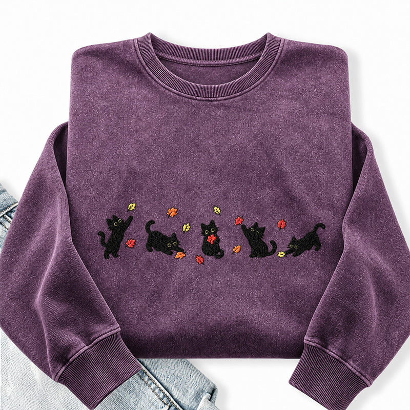Embroidered Autumn Leaves Black Cats Washed Crewneck Sweatshirt