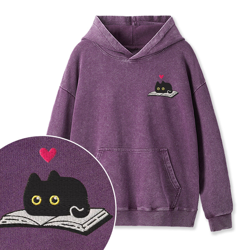 Embroidered Black Cat and Book Washed Hoodie