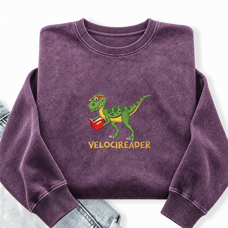 Embroidered Velocireader Dinosaur Reading Washed Crewneck Sweatshirt