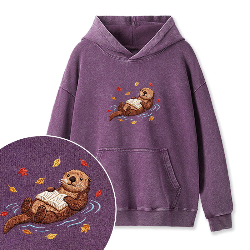 Embroidered Otter Reading Book Washed Hoodie