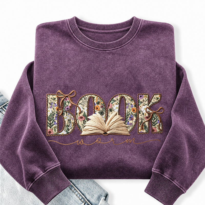 Embroidered Boho Wildflower Bookworm Washed Crewneck Sweatshirt