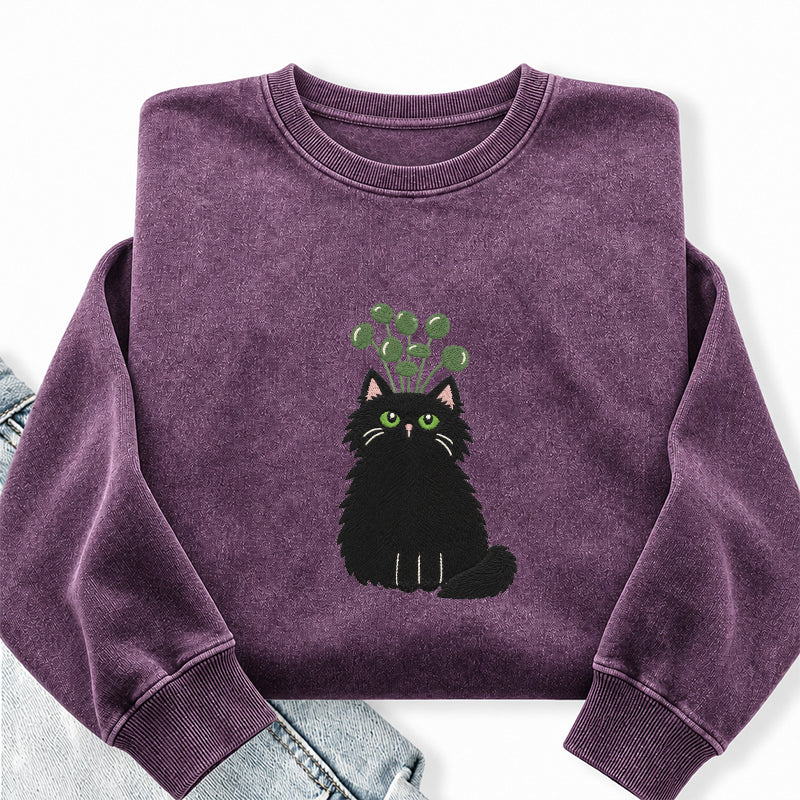 Embroidered Plant Black Cat Washed Crewneck Sweatshirt