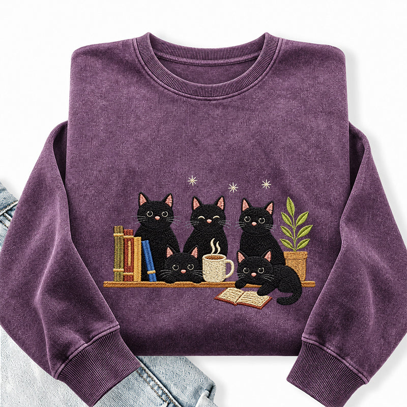 Embroidered Black Cat On Bookshelf Washed Crewneck Sweatshirt