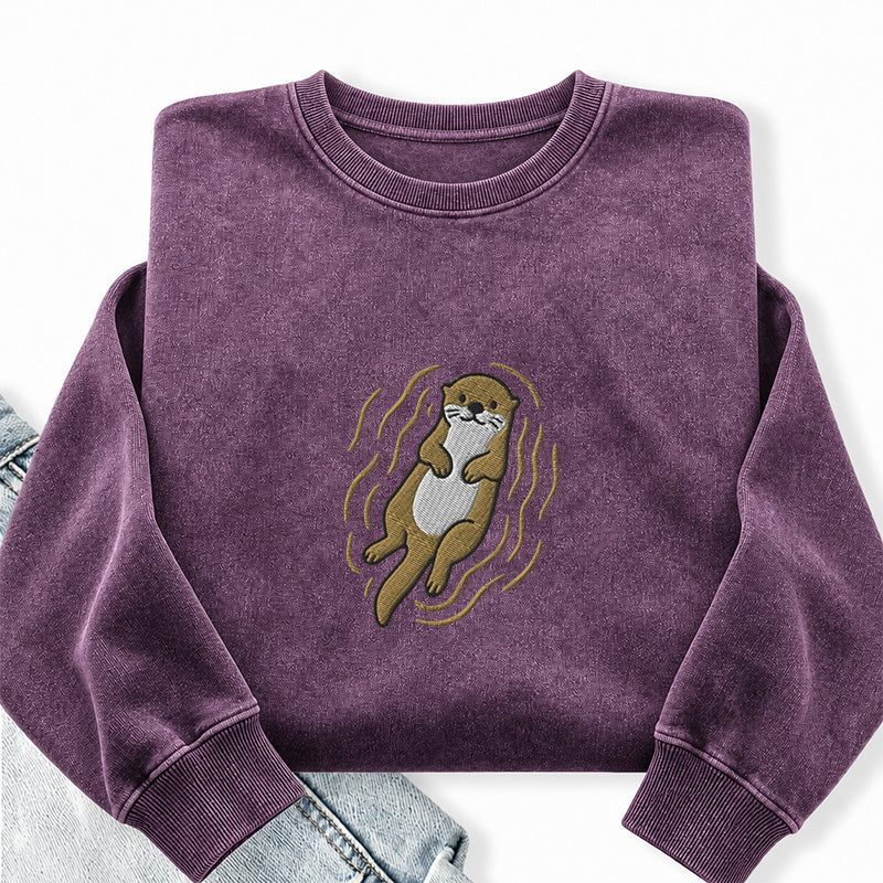 Embroidered Otter Washed Crewneck Sweatshirt