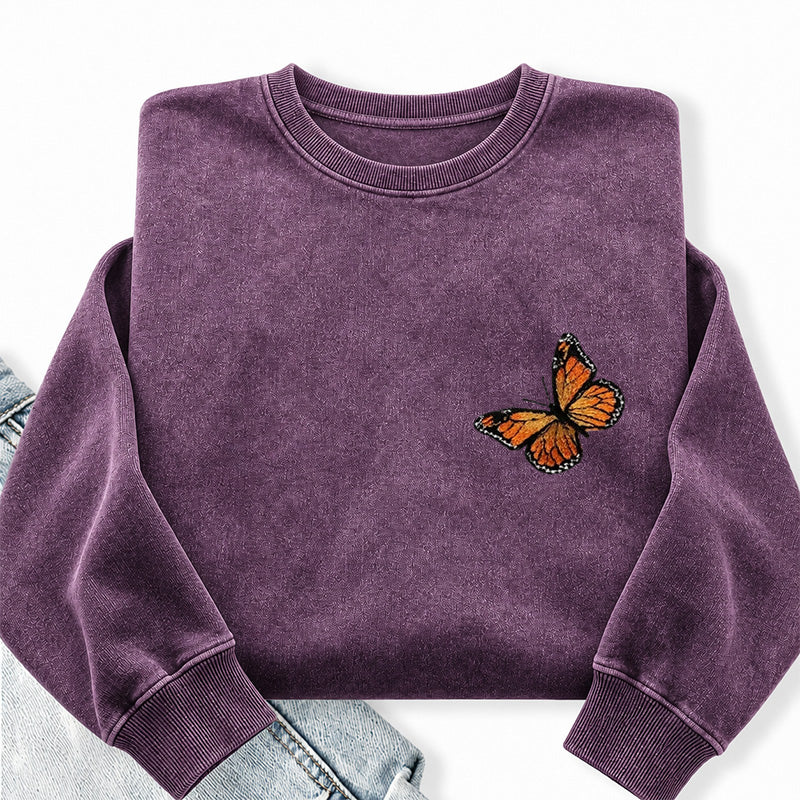 Embroidered Monarch Butterfly Washed Crewneck Sweatshirt