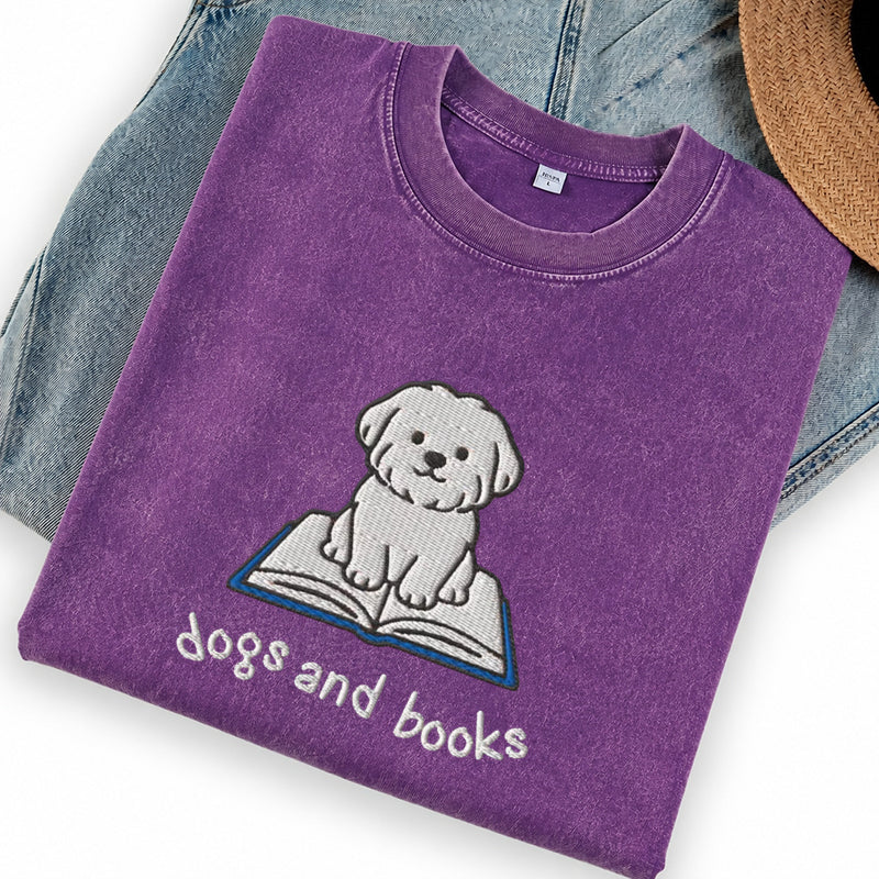 Embroidered Dogs and Books Washed Crew Neck T-Shirt