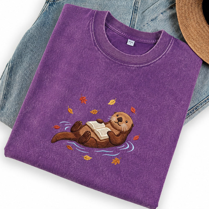 Embroidered Otter Reading Book Washed Crew Neck T-Shirt