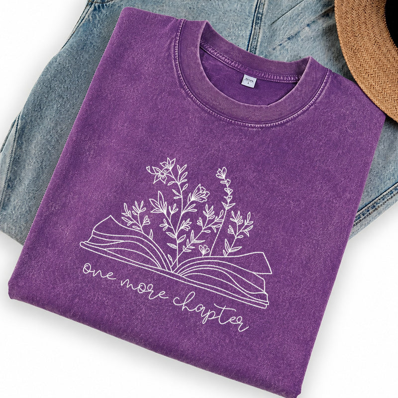 Embroidered One More Chapter Floral Book Washed Crew Neck T-Shirt