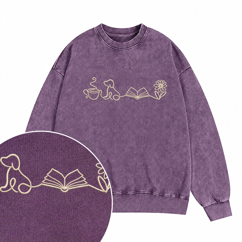 Embroidered Coffee Dog Book Flowers Washed Crewneck Sweatshirt