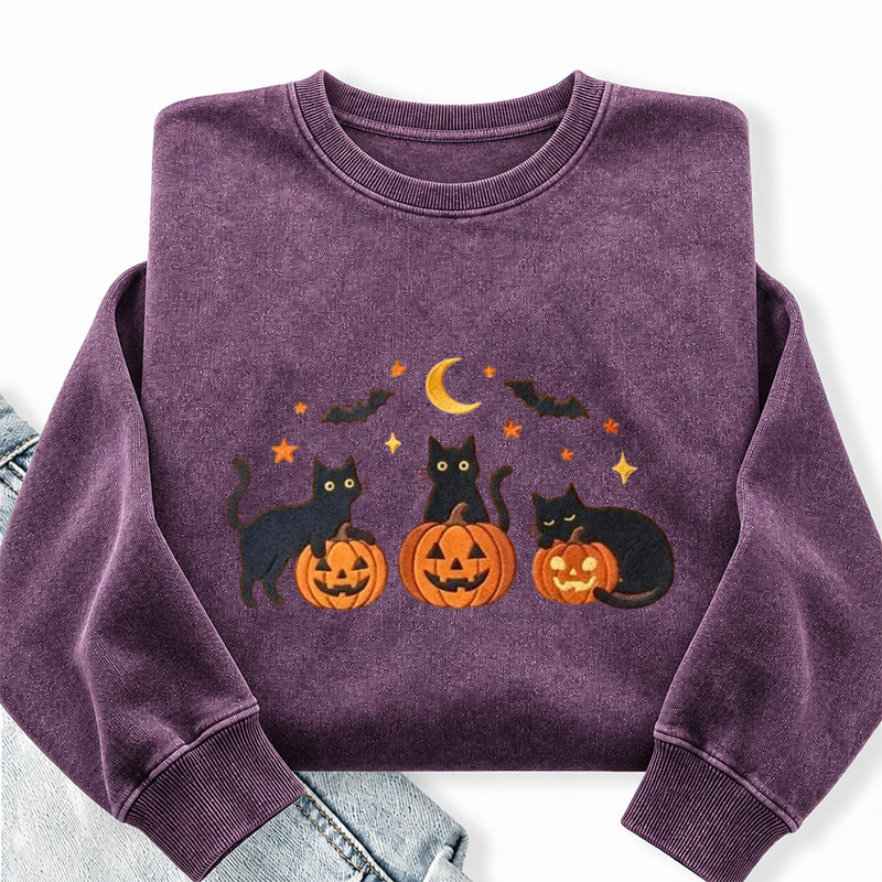 Embroidered Black Cat Pumpkins Washed Crewneck Sweatshirt