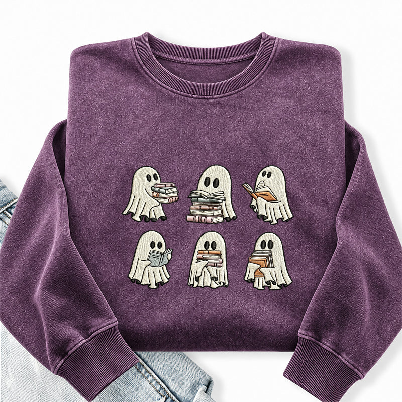 Embroidered Halloween Ghost Book Washed Crewneck Sweatshirt