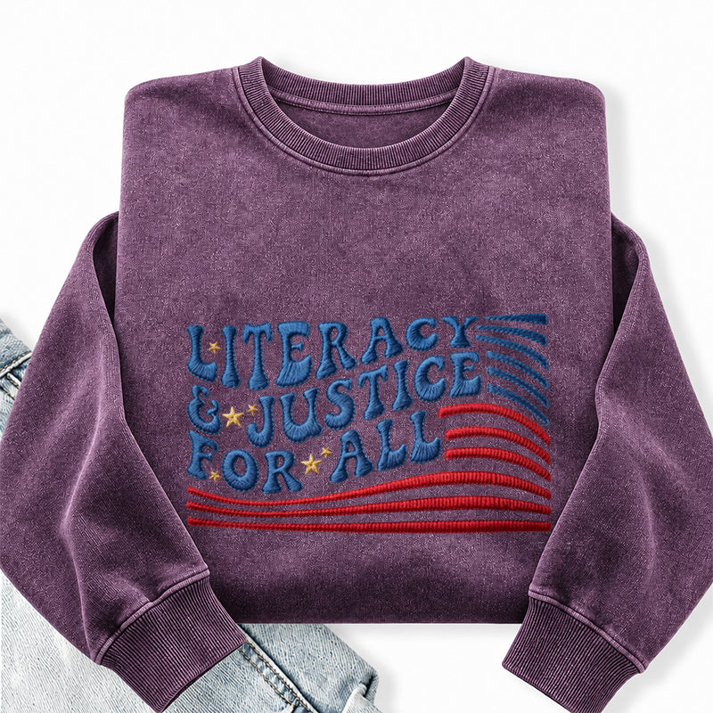 Embroidered Literacy And Justice For All Washed Crewneck Sweatshirt