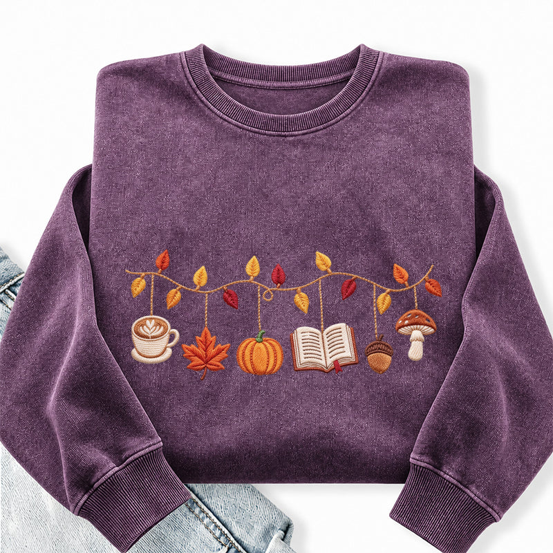 Embroidered Coffee Books Pumpkin Mushroom Washed Crewneck Sweatshirt