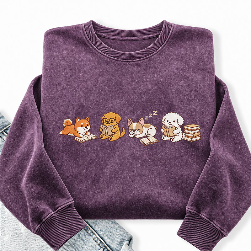 Embroidered Reading Dogs Washed Crewneck Sweatshirt