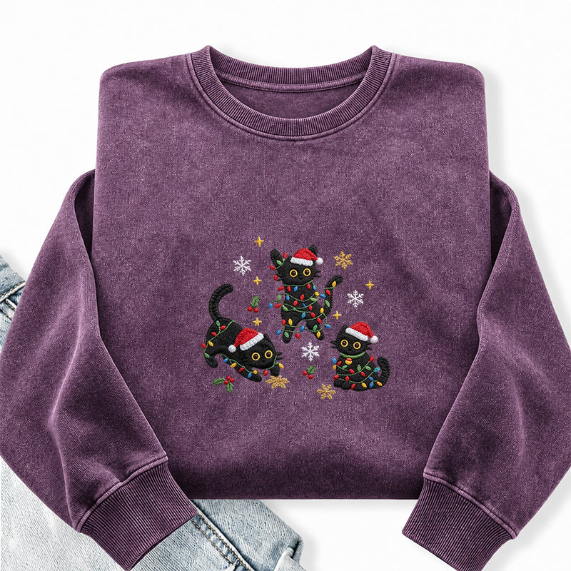 Embroidered Black Cat Christmas Washed Crewneck Sweatshirt