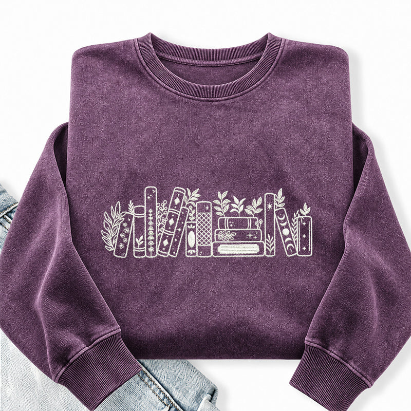 Embroidered Flower Book Washed Crewneck Sweatshirt