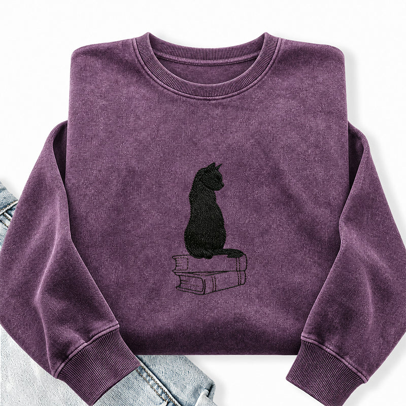 Embroidered Black Cat On Book Washed Crewneck Sweatshirt