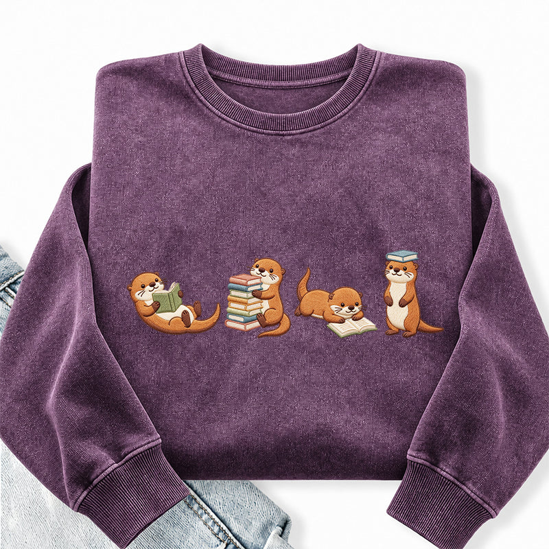Embroidered Otter Reading Book Washed Crewneck Sweatshirt