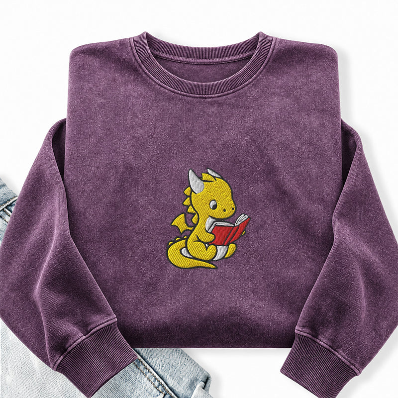 Embroidered Dragon Reading Books Washed Crewneck Sweatshirt