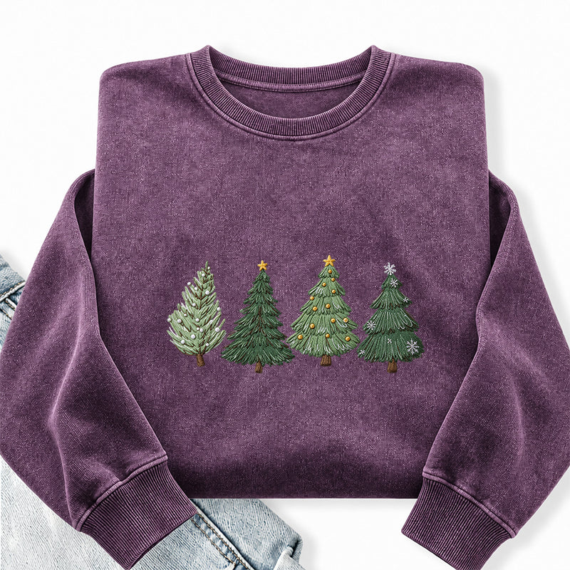 Embroidered Christmas Trees Washed Crewneck Sweatshirt