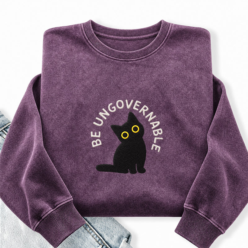 Embroidered Be Ungovernable Black Cat Washed Crewneck Sweatshirt