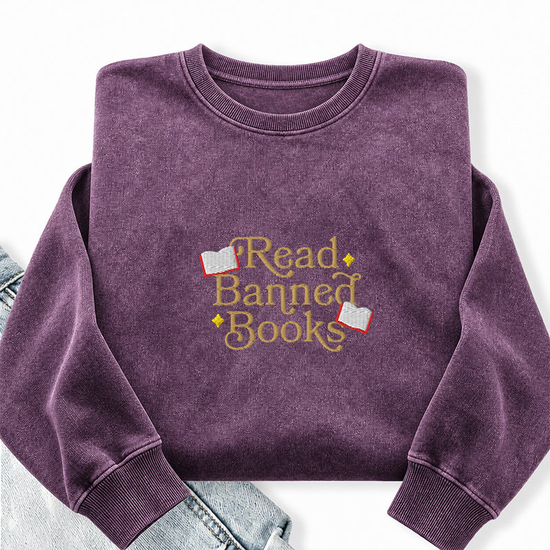Embroidered Read Banned Books Washed Crewneck Sweatshirt