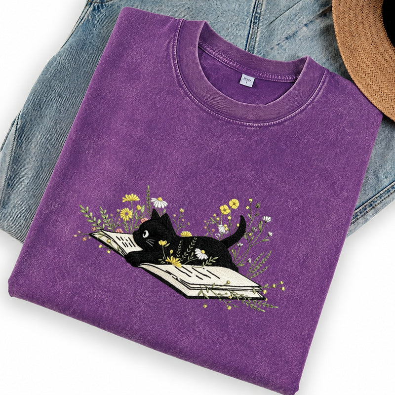 Embroidered Floral Book Cat Washed Crew Neck T-Shirt