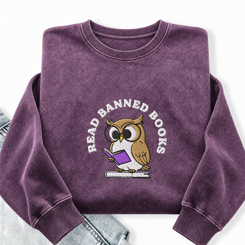 Embroidered Read Banned Books Owl Washed Crewneck Sweatshirt