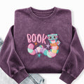 Embroidered Reading Book Worm Washed Crewneck Sweatshirt