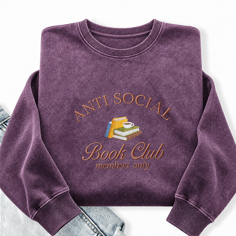 Embroidered Anti Social Book Club Washed Crewneck Sweatshirt