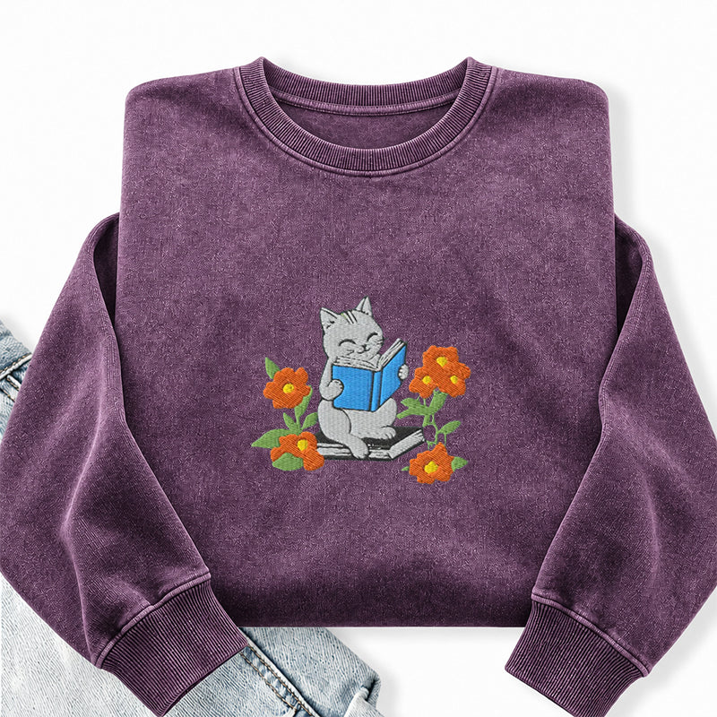 Embroidered Floral Bookish Cat Washed Crewneck Sweatshirt