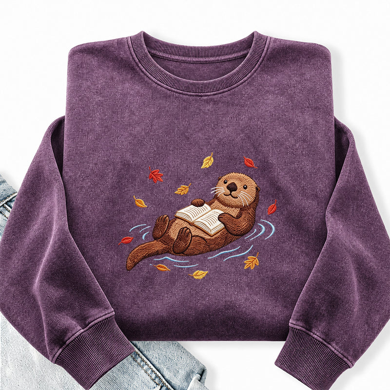 Embroidered Otter Reading Book Washed Crewneck Sweatshirt
