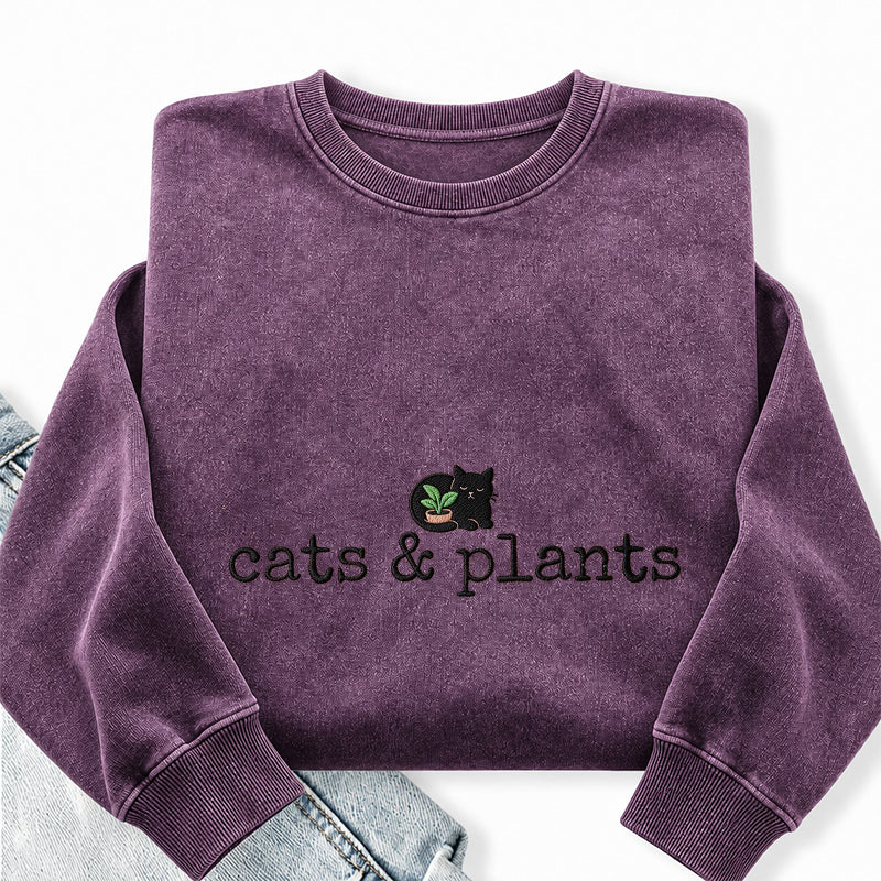 Embroidered Cat and Plants Washed Crewneck Sweatshirt